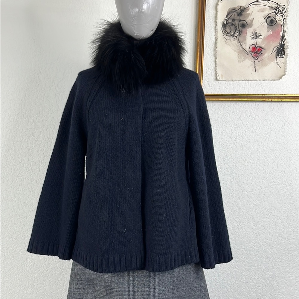 Prada AW14 Wool Fox Fur Collar A Line Sweater Knit Cardigan Sweater